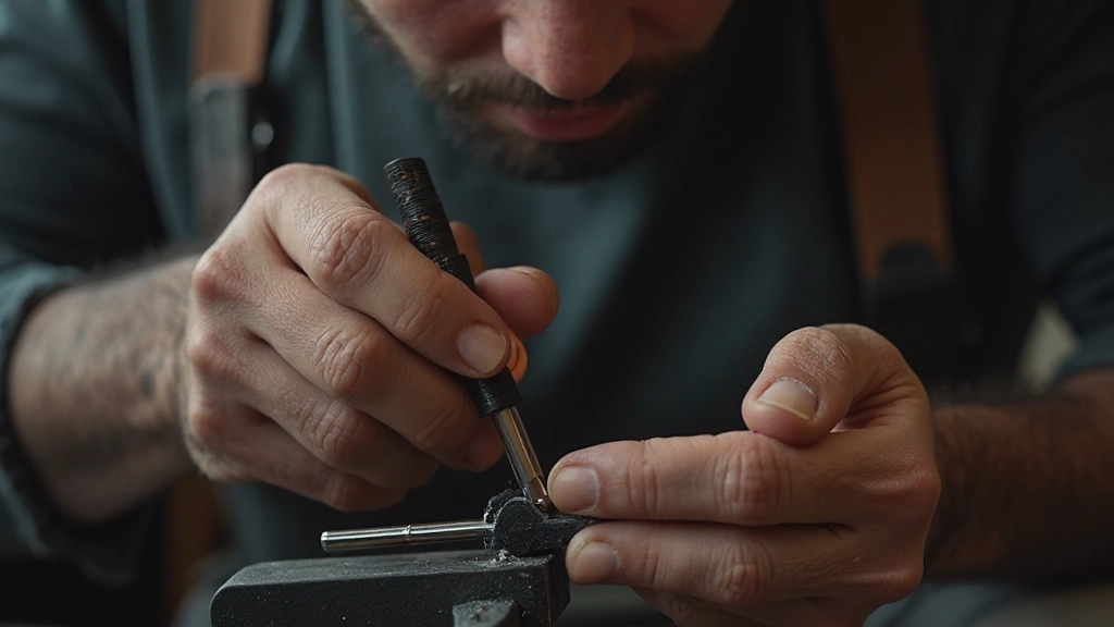 Gedetailleerde close-up van handen die voorzichtig meetinstrumenten en precisiewerktuigen hanteren met volledige concentratie