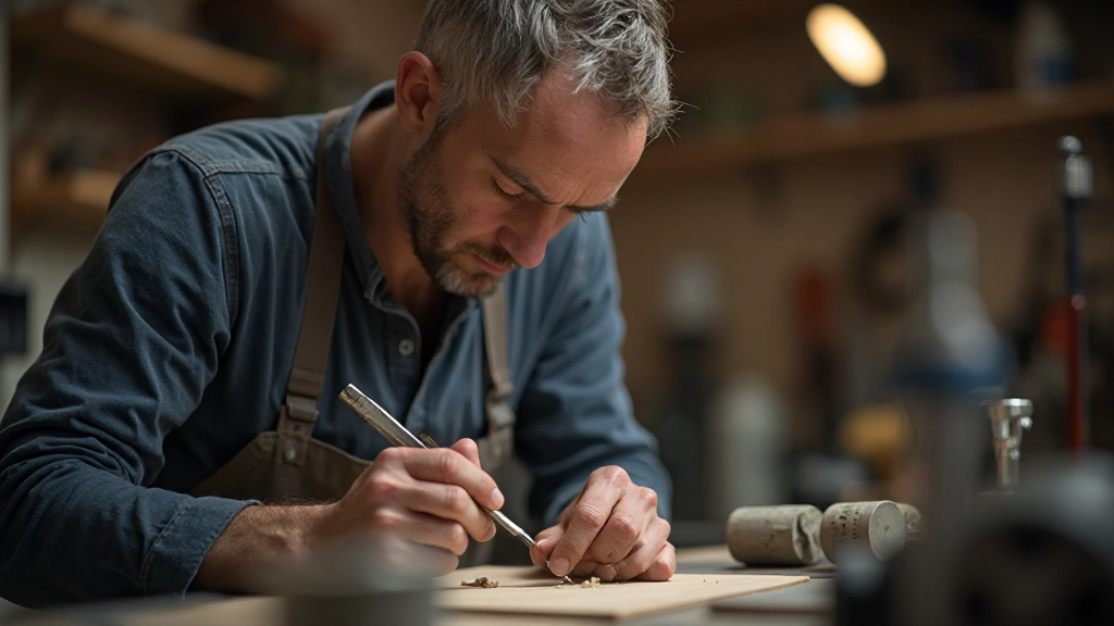 Vakman concentreerd aan het werk, nauwkeurig met precisiewerktuigen aan een delicaat project