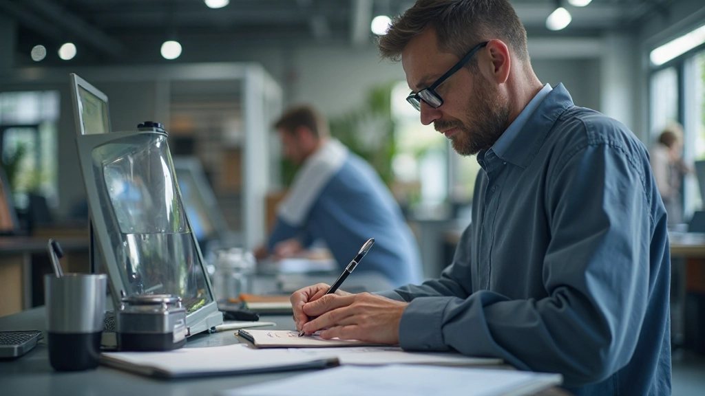 Controleur inspecteert productkwaliteit met kritische blik en aantekeningen