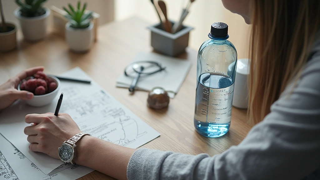 Gezonde maaltijd en drinkfles op werkstation toont voeding en hydratatie voor optimale cognitieve prestaties